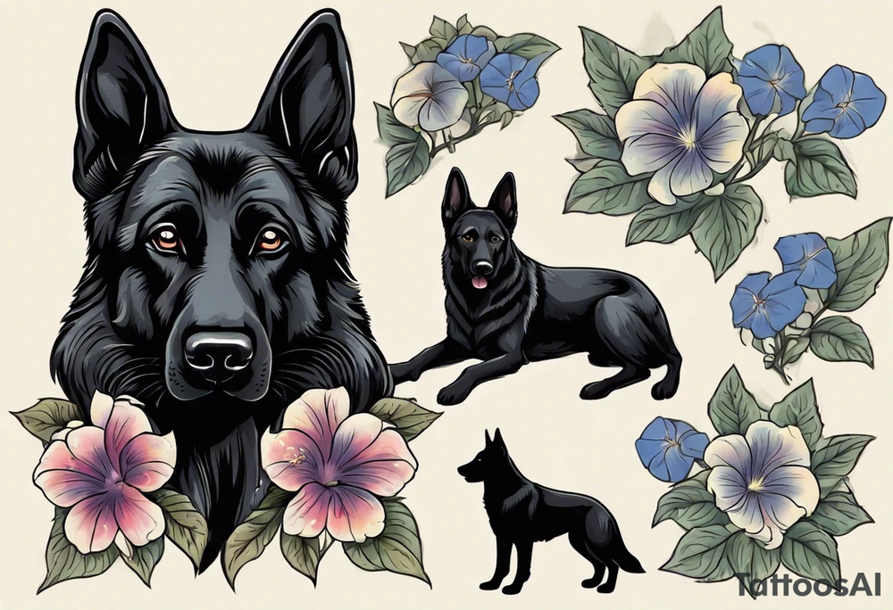 Black German shepherd portrait brightly colored with morning glories tattoo idea