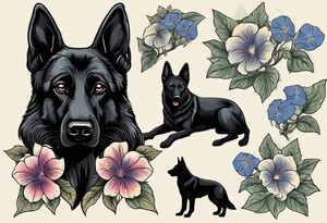 Black German shepherd portrait brightly colored with morning glories tattoo idea