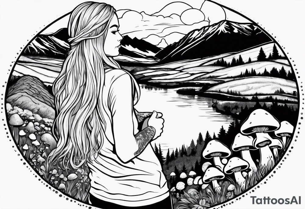 Whole picture encircled fully

Straight long blonde hair hippie girl in distance holding mushrooms in hand facing away toward mountains and creek surrounded by mushrooms long sleeve shirt and hiking pants; whole rendering within a full circle, no cut off circle tattoo idea