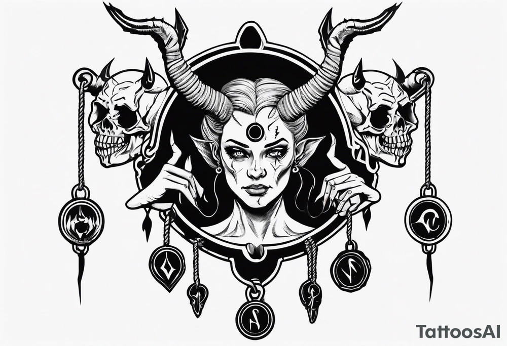 woman hand holding satan medallion on a rope tattoo idea