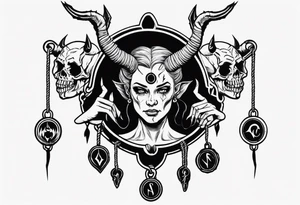 woman hand holding satan medallion on a rope tattoo idea