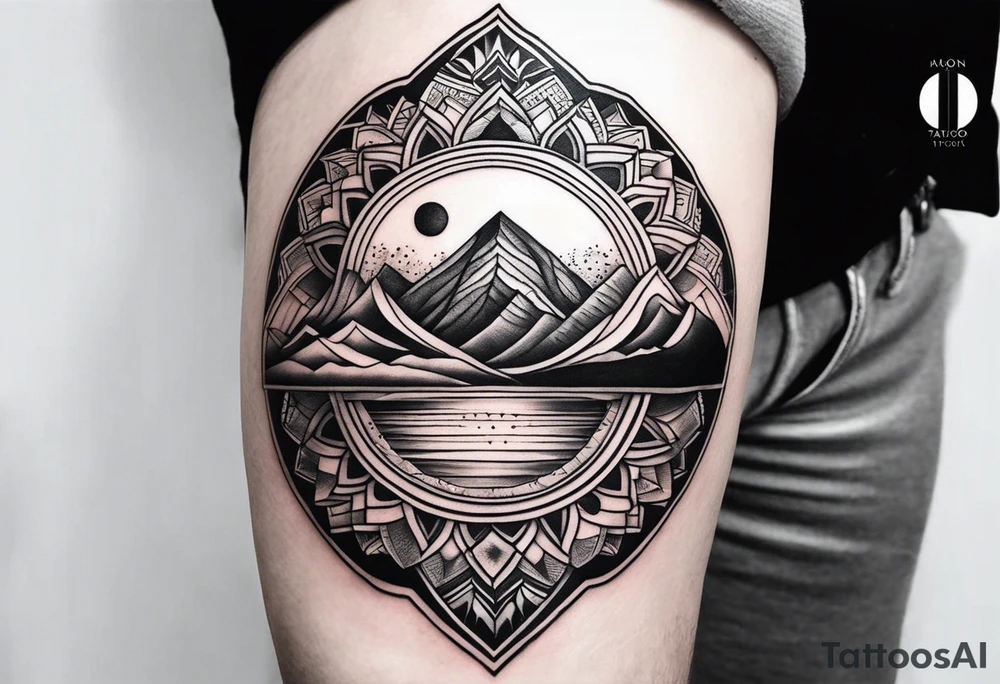 Rectangular arm tattoo around whole upper arm. Mandala inspired Design. Mountains, sea, Sky and moon are depicted. But everything seems to be upside down tattoo idea