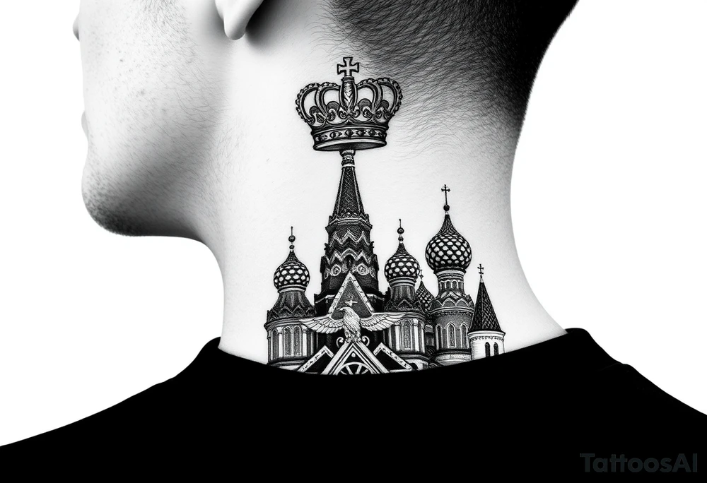St. George 
3 russian imperial crowns above the Russian coat of arms double eagle
Russian sabre
The Kremlin or St. Basil's Cathedral scene 
on the side of my neck tattoo idea