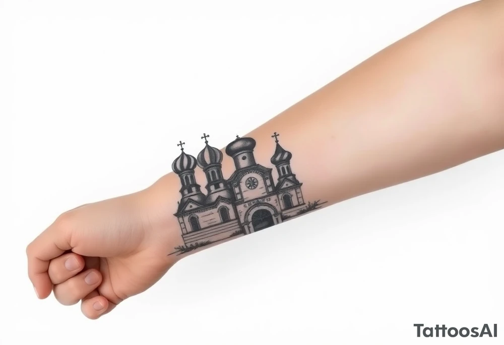 highly detailed Russian Orthodox cathedral sitting on fore arm with onion domes and orthodox crosses, done in fine line, engraving-like style. Cohesive composition, black ink only, no color, high contrast, slightly aged, documentary-style, plain light background. with clouds above it and a virgin mary over looking tattoo idea
