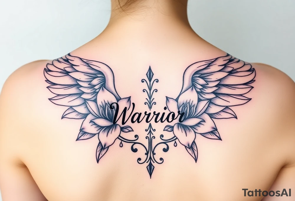 lotus flowers beautiful bold angel wings with word "Warrior" resembling strength and resilience tattoo idea