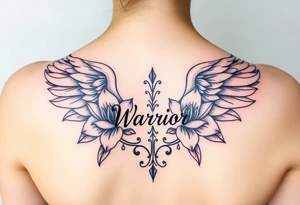 lotus flowers beautiful bold angel wings with word "Warrior" resembling strength and resilience tattoo idea