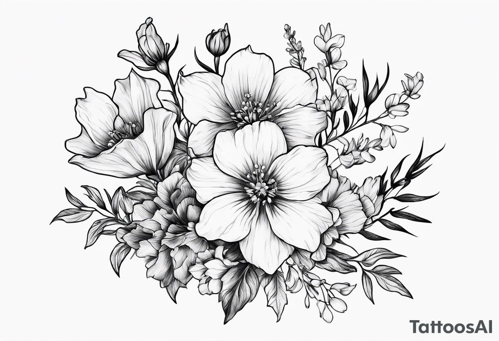 Simple Tattoo of florals of larkspur with stem, carnation, violet,  daisy tattoo idea
