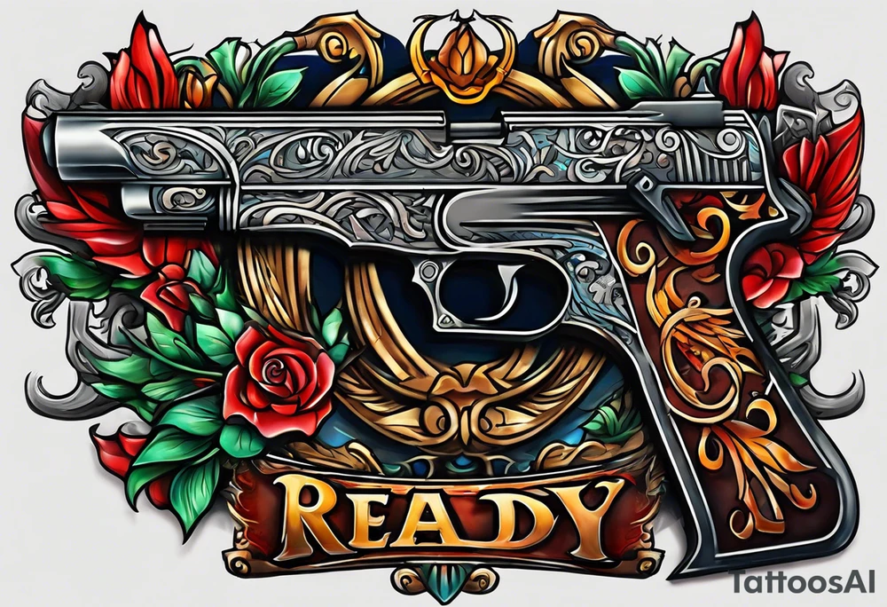 The letters AR with a pistol on each side and the word always on the top and the word ready on the bottom tattoo idea