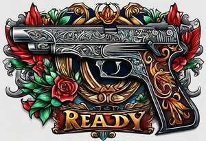 The letters AR with a pistol on each side and the word always on the top and the word ready on the bottom tattoo idea