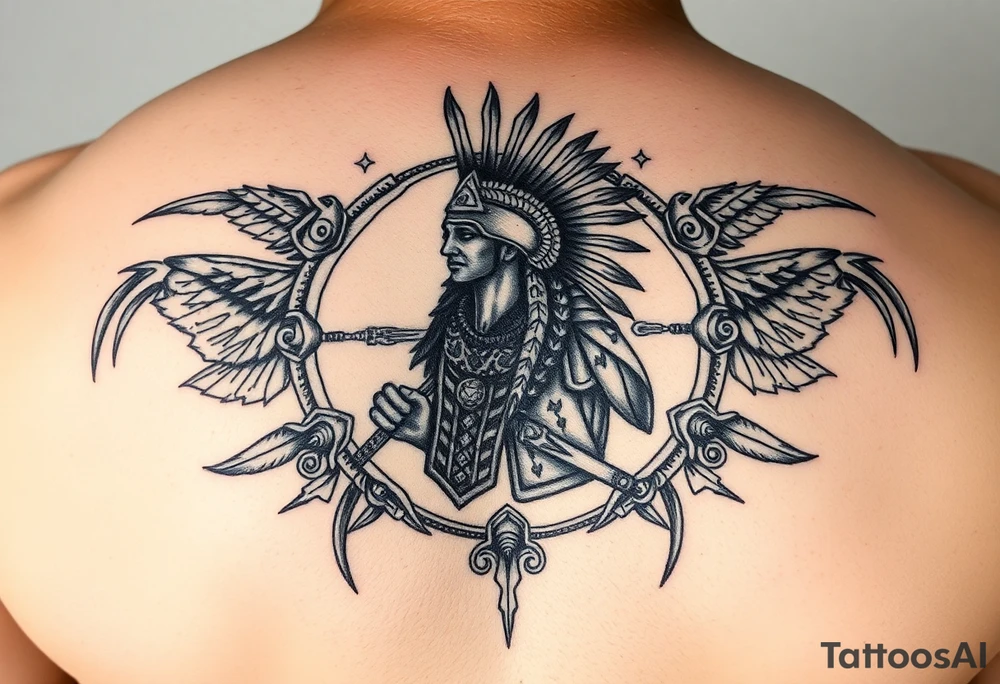 Purepecha warrior surrounded by purepecha symbols tattoo idea