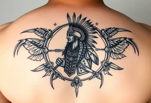 Purepecha warrior surrounded by purepecha symbols tattoo idea
