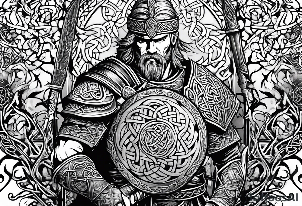 Full body side profile of a Celtic warrior with weapons. Background of trees tattoo idea