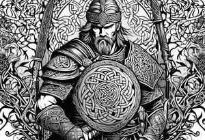 Full body side profile of a Celtic warrior with weapons. Background of trees tattoo idea