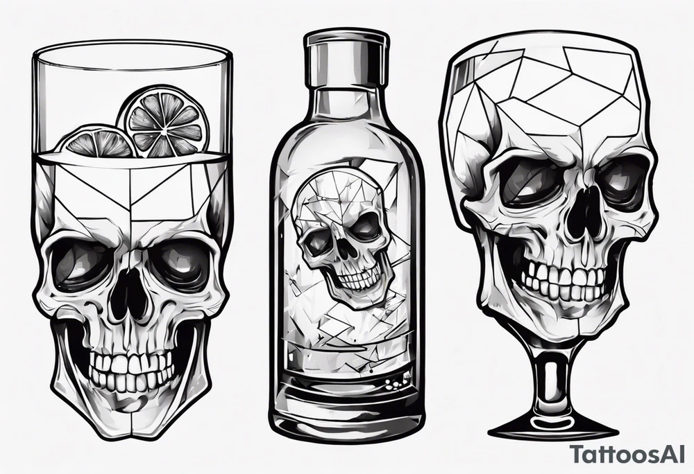 A smiling looking to the left scull inside the glass with alcohol and piece of lime tattoo idea