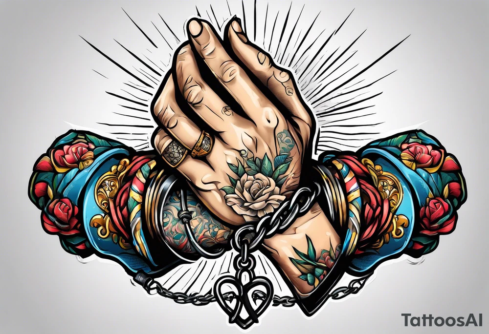 Praying hands with hand cuffs tattoo idea