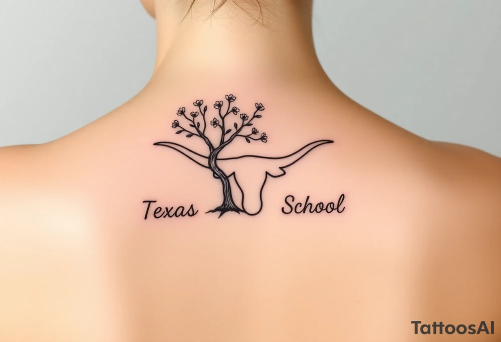 Texas Longhorn School with tree growing out of it with flowers blooming tattoo idea