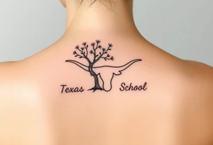 Texas Longhorn School with tree growing out of it with flowers blooming tattoo idea