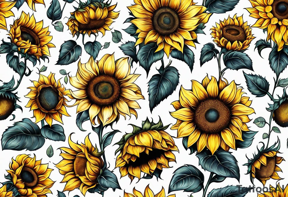 Sunflowers and angel wings leg sleeve tattoo idea