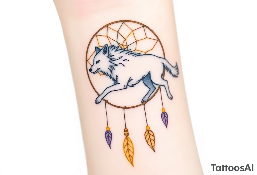 A wolf running through a dreamcatcher, with dreamcatcher threads trailing behind it, giving a sense of movement. The wolf is painted in silver and white, and the threads are in golden yellow and purple. tattoo idea