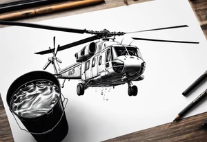 a helicopter dropping water out of a bucket suspended by the helicopter tattoo idea