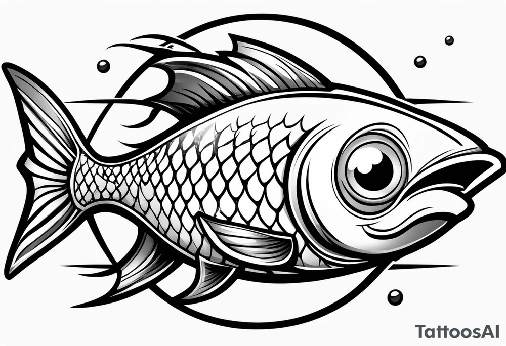 a cartoon fish with sharp, pointed fins and a streamlined body. Its eyes are narrowed with intense, angry brows, and its mouth is twisted into a snarl, showing sharp teeth. The overall appearance is aggressive and intimidating, conveyed through stark black and white contrasts. tattoo idea