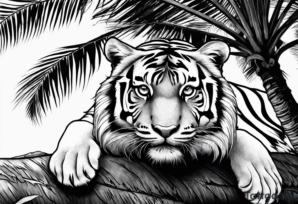 tiger laying on palm tree tattoo idea