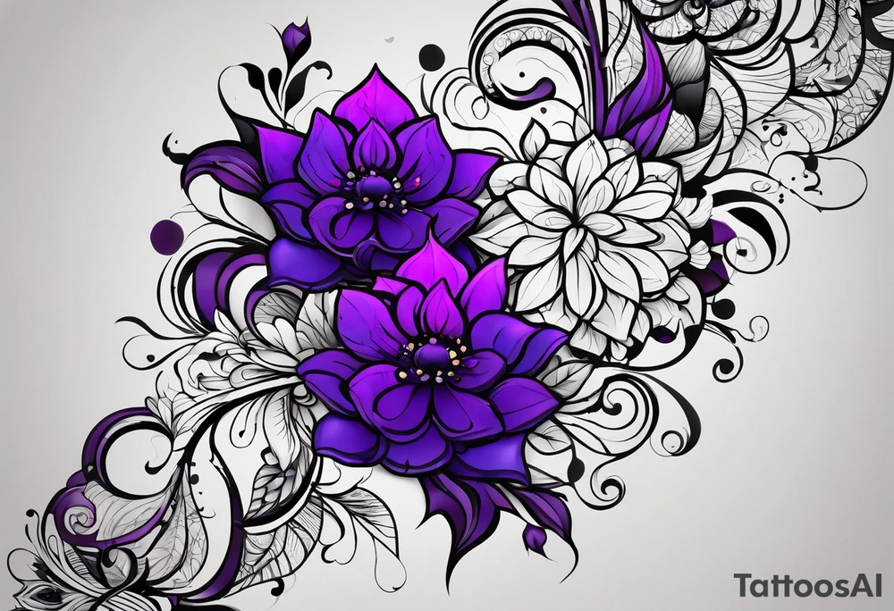 lines around wrist, abstract, black and purple, covered from wrist to forearm, fully covered, no borders, blackwork, no faces tattoo idea
