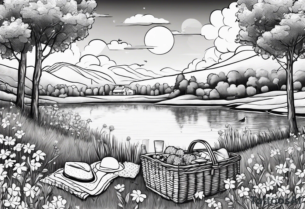 picnic scene in nature by a lake with bushes, tress and flowers, with a shecker blanket, a picnic basket, pillows and a sun in the sky tattoo idea