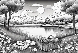 picnic scene in nature by a lake with bushes, tress and flowers, with a shecker blanket, a picnic basket, pillows and a sun in the sky tattoo idea