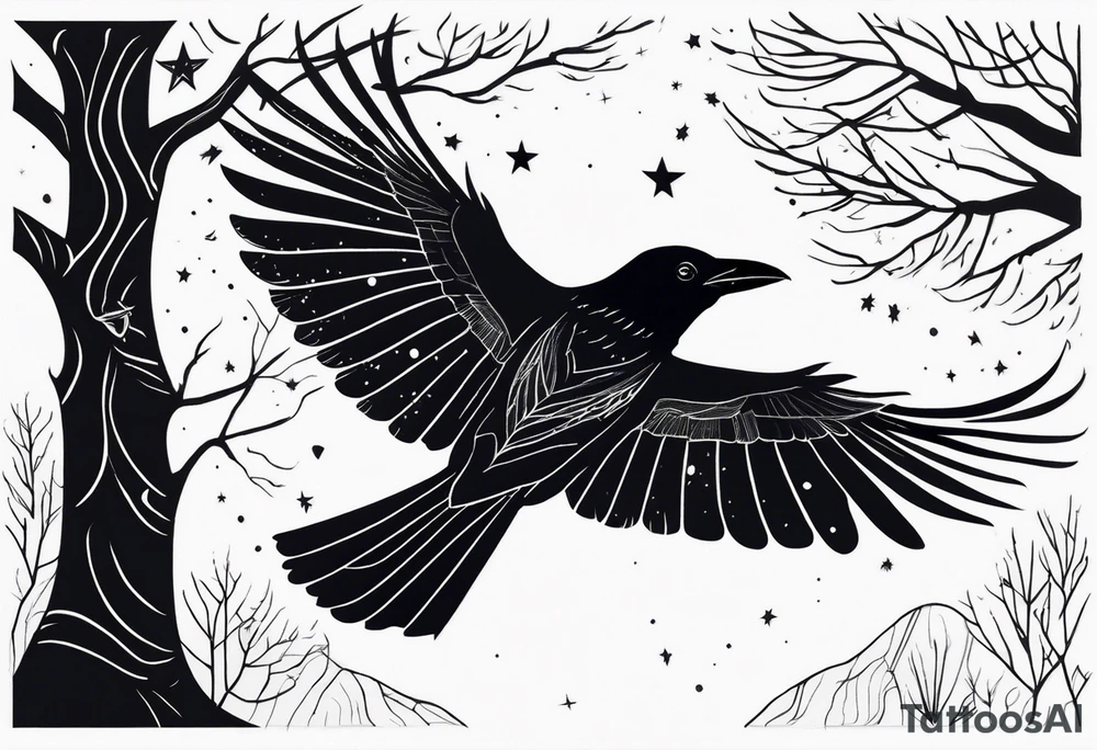 Raven flying, occult, mystical, knowing, light behind its eyes, ethereal, stars and trees in the background tattoo idea