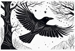 Raven flying, occult, mystical, knowing, light behind its eyes, ethereal, stars and trees in the background tattoo idea