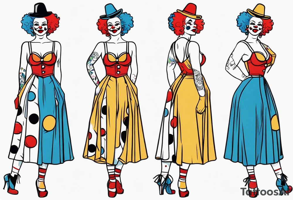 pin up style clown woman full body tattoo idea
