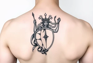 Athena goddess of war and wisdom with her Medusa shield and spear tattoo idea