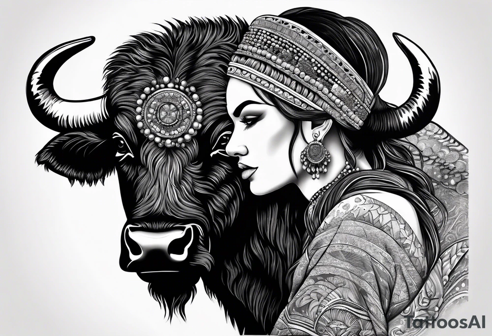 buffalo standing with head turned towards the viewer. woman with bead headband sitting on the buffalo's back,  with head turned toward viewer tattoo idea