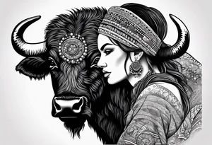 buffalo standing with head turned towards the viewer. woman with bead headband sitting on the buffalo's back,  with head turned toward viewer tattoo idea