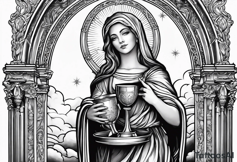 light streaming down from heaven onto saint barbara holding a chalice tattoo idea