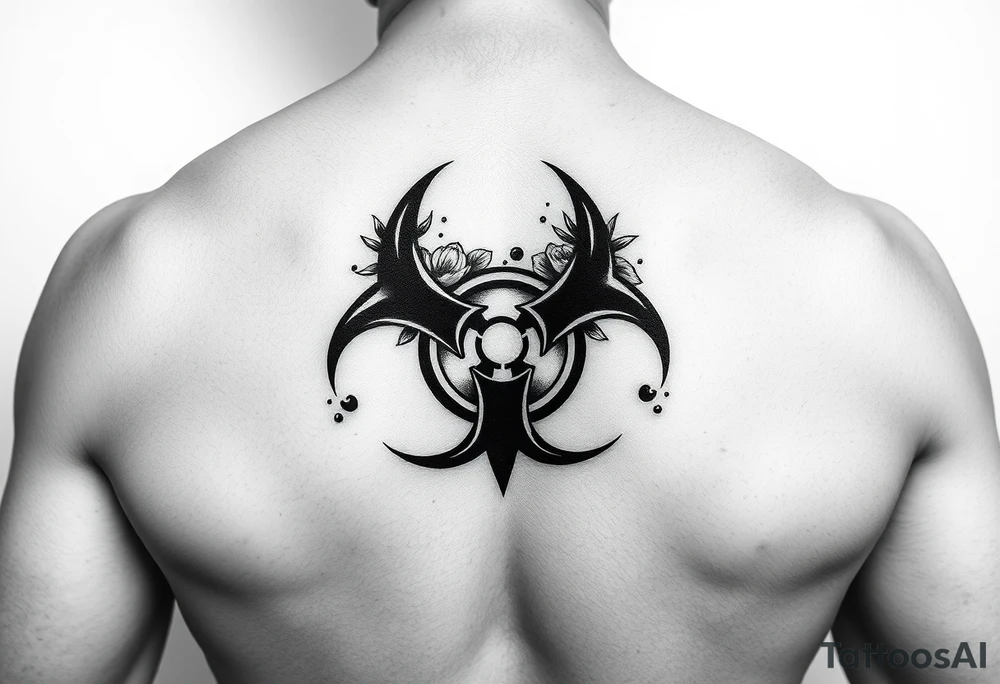 floral biohazard symbol in old school style black ink tattoo idea