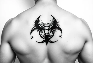 floral biohazard symbol in old school style black ink tattoo idea
