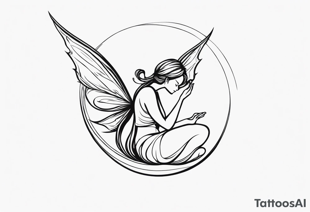 Minimalistic, monochromatic fairy with a tail flying to the left in a fetal position, leaning and looking in the same direction, with visible hands, embodying the 'Fairy Tail' logo aesthetic. tattoo idea