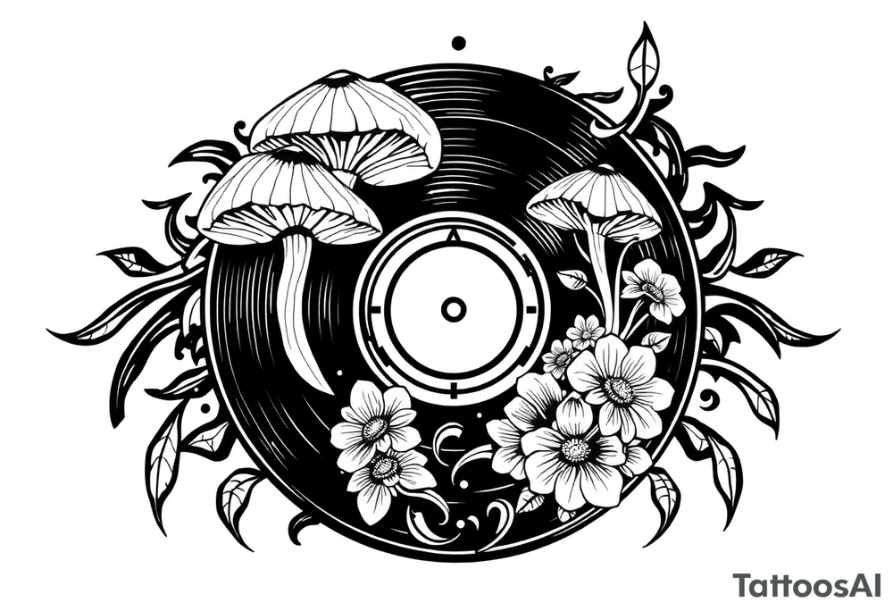 vinyl record with mushrooms, flowers, and music notes tattoo idea