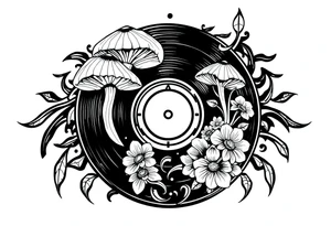 vinyl record with mushrooms, flowers, and music notes tattoo idea
