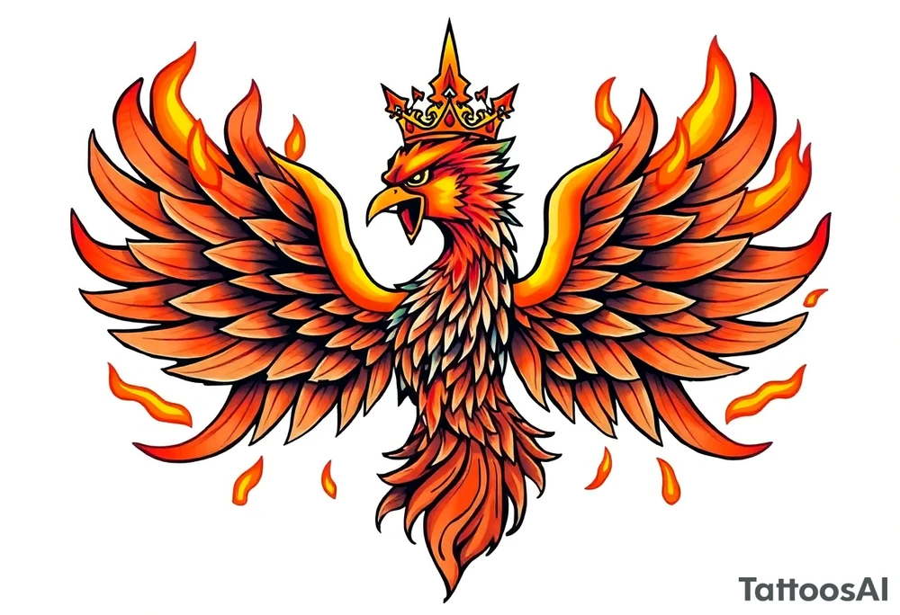 powerful majestic Phoenix with crown, surrounded by flames tattoo idea
