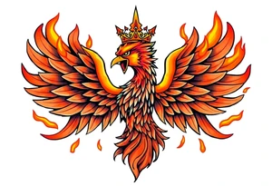 powerful majestic Phoenix with crown, surrounded by flames tattoo idea
