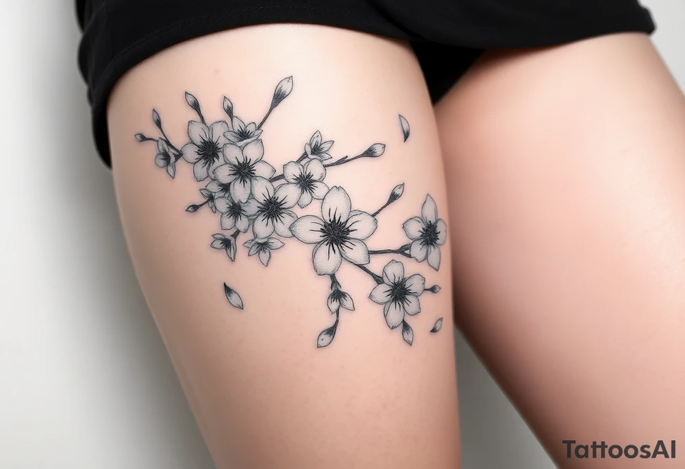 delicate cherry blossoms swirling in spring breeze with petals tattoo idea