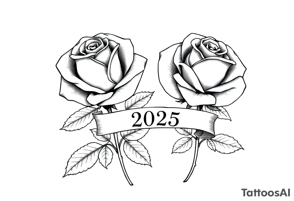 two beautiful large rose buds, one larger than the other, with lots and lots of leaves next to the rose buds, with one sitting slightly higher than the other, side-by-side.  Include a banner connecting the two roses with the year 2025 on it.   Use dark outlines with little shading. No stems tattoo idea