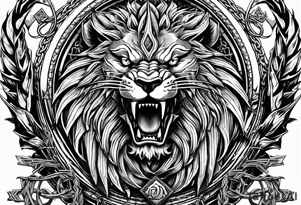 Valhalla sword shield dragon axe Valknut barbed wire chains lion tattoo idea