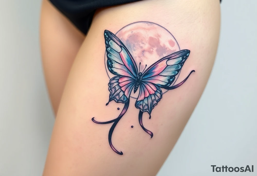 ethereal butterfly with flowing silk ribbons in full moon tattoo idea