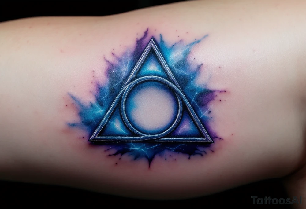 A detailed Deathly Hallows symbol (triangle, circle, and line) with a soft effect around it in deep blue and purple hues, giving it an ethereal and magical feel, symbolizing the power of the three legendary objects. tattoo idea