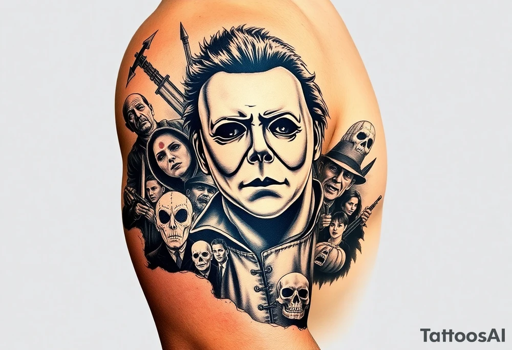 powerful majestic horor icon michael myers, surrounded by other horror icons and an icon scene from Halloween movie tattoo idea