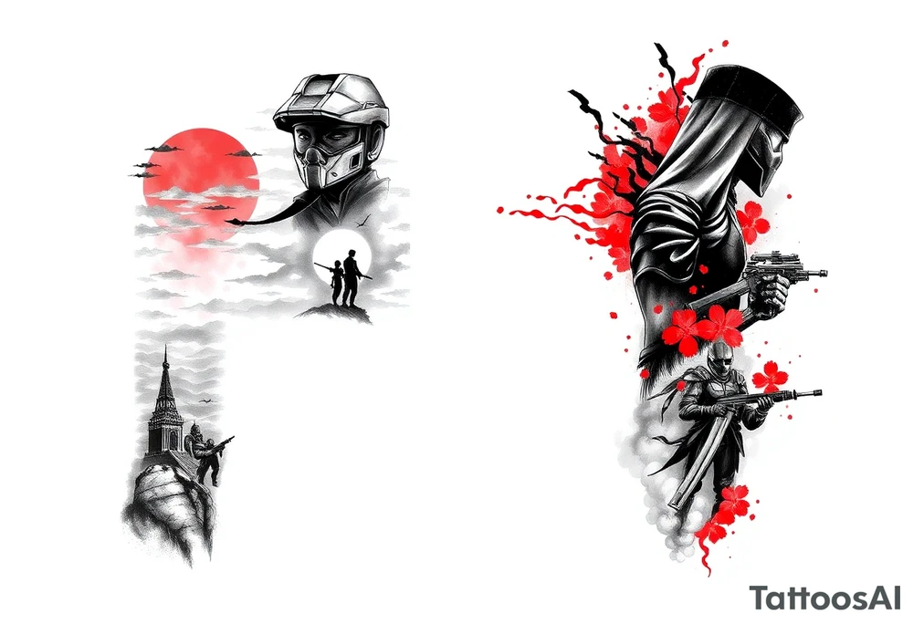 Full arm sleeve tattoo design, black and grey sketch incorporating the following:
Halo Reach: skyline in storm clouds with ember-red glow, emille silhouette in distance on the inner arm
Ghost of Tsushima: Jin Sakai face and mask, katana behind, with flowing blood-red cherry blossoms drifting across on inner forearm
Helldivers 2: silhouettes of Helldivers dropping from pods through smoke and sparks (orange sparks glowing), on the outer arm
DOOM Eternal: hyper-realistic Doom Slayer silhouette with super shotgun over shoulder, fire and flames around on the outer forearm



Inner left arm: Firewatch tower in silhouette on ridges, orange and purple dusk glow blending into smoke. tattoo idea